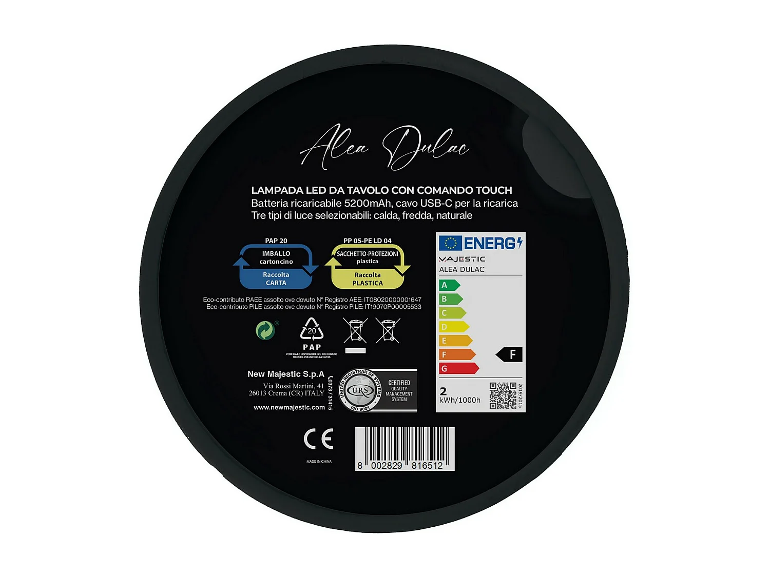 Lampe à Poser Rechargeable Alea Dulac, Noir, 12x12x37 cm, Majestic