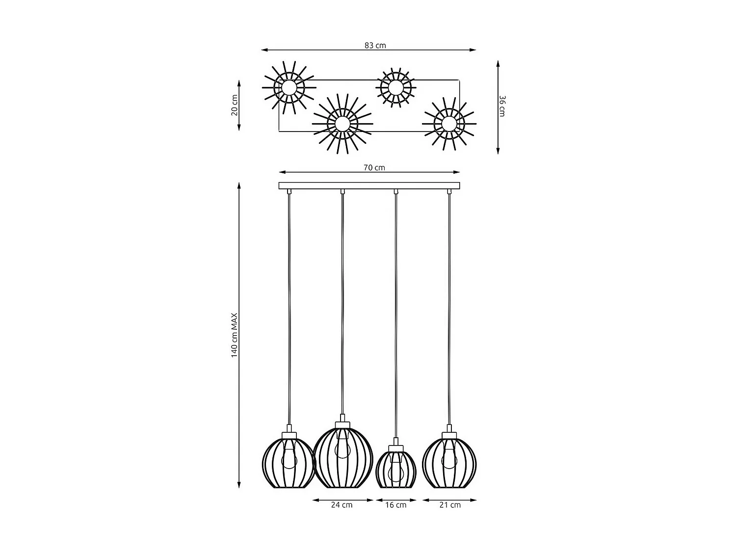 Hanglamp Nando 8, Zwart, 83x24x140 cm, Seven Design