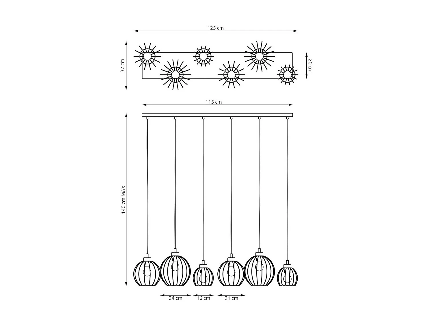 Lampa Wisząca Nando 9, Czarny, 125x24x140 cm, Seven Design