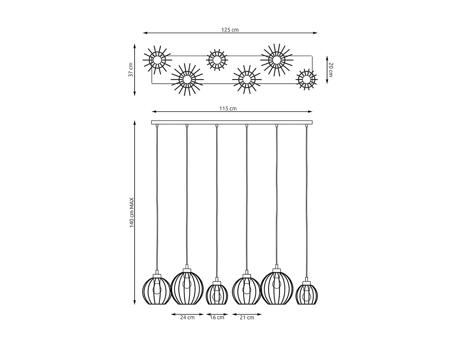 Hanglamp Nando 4, Zwart, 125x24x140 cm, Seven Design