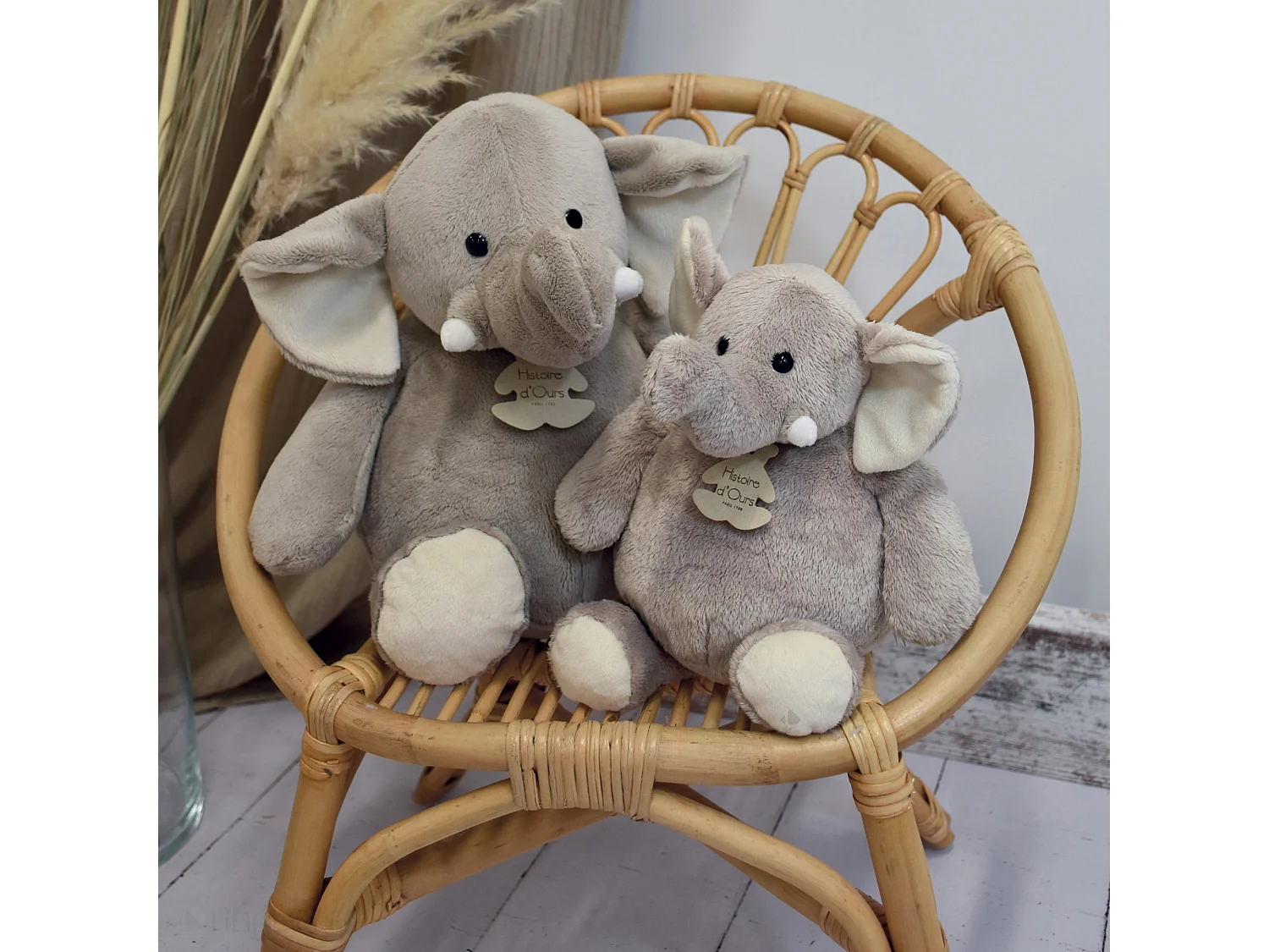 Peluche 38 cm polyester collection TERRE SAUVAGE éléphant gris blanc