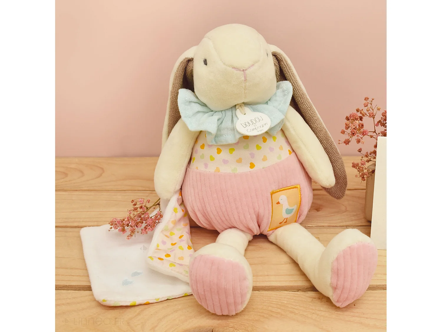 Peluche lapin Ciboulette avec son doudou 28 cm polyester collection DANS MON JARDIN rose
