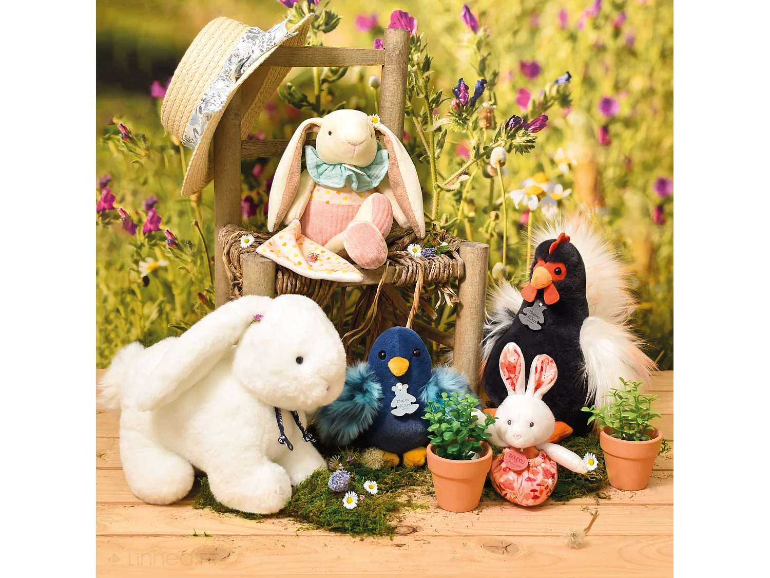 Peluche lapin Ciboulette avec son doudou 28 cm polyester collection DANS MON JARDIN rose