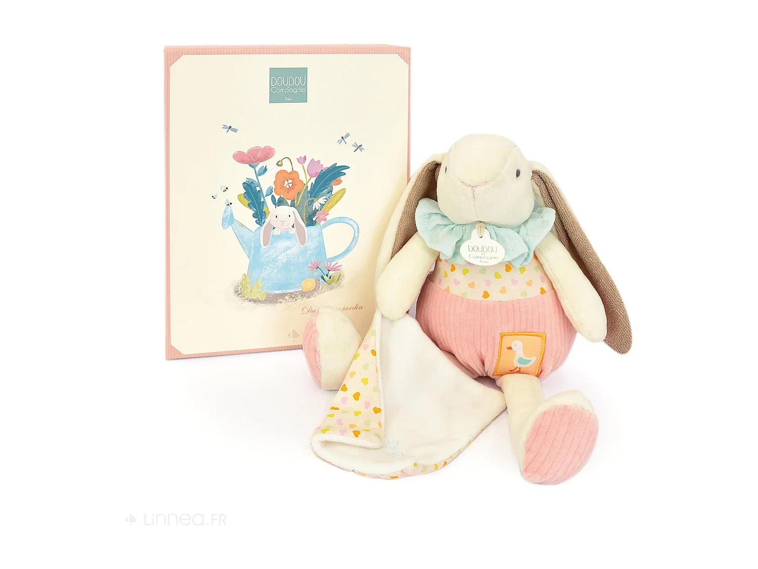 Peluche lapin Ciboulette avec son doudou 28 cm polyester collection DANS MON JARDIN rose