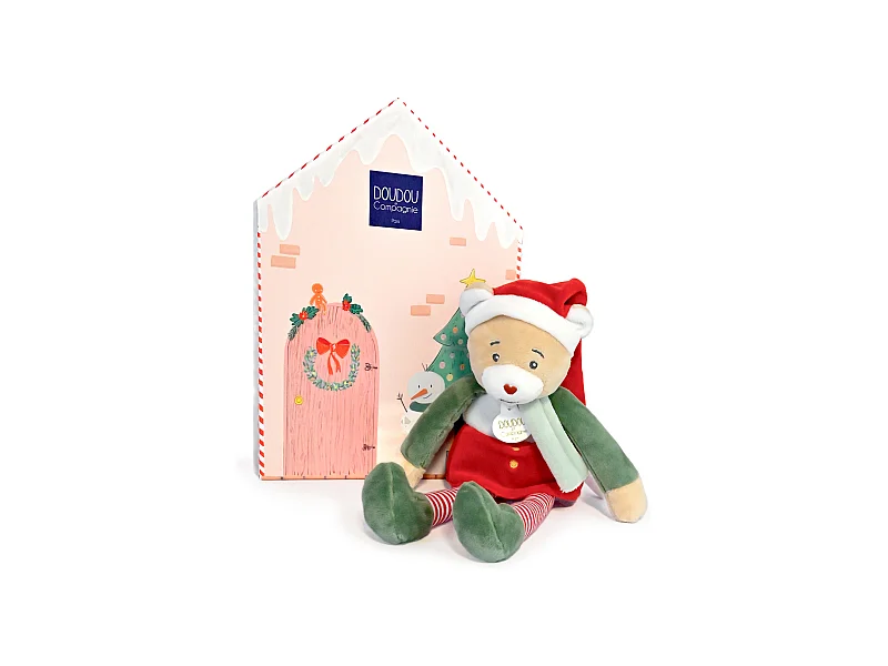 Doudou ours 27 cm collection DOUDOU FARCEUR Cannelle rouge et vert