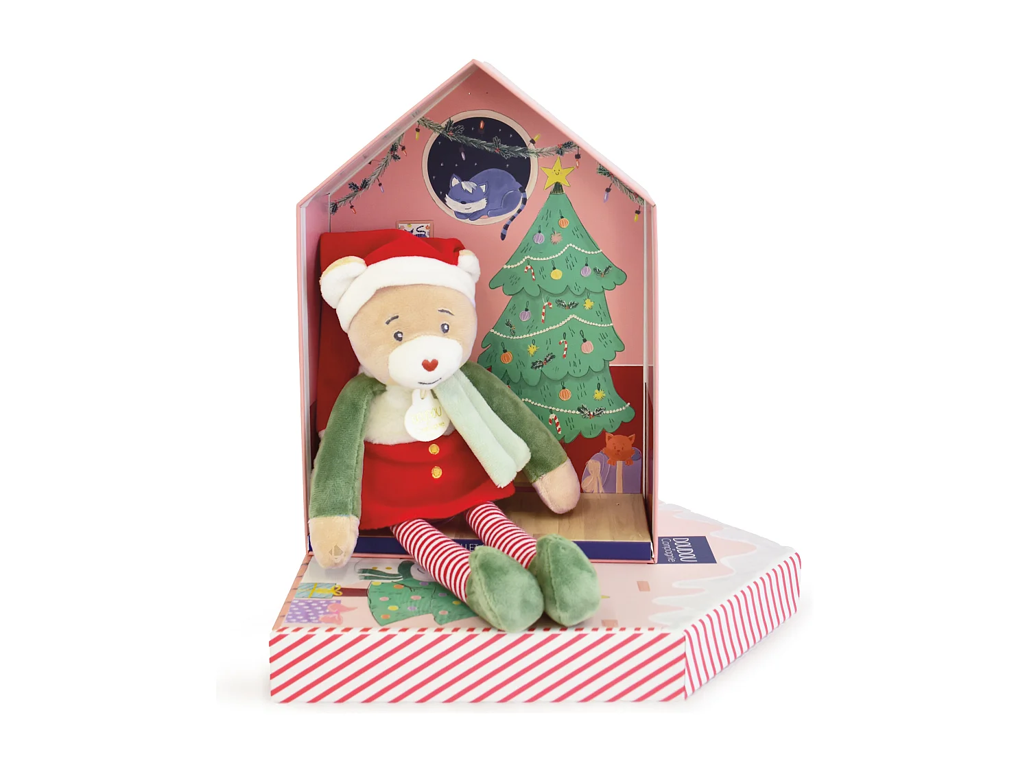 Doudou ours 27 cm collection DOUDOU FARCEUR Cannelle rouge et vert