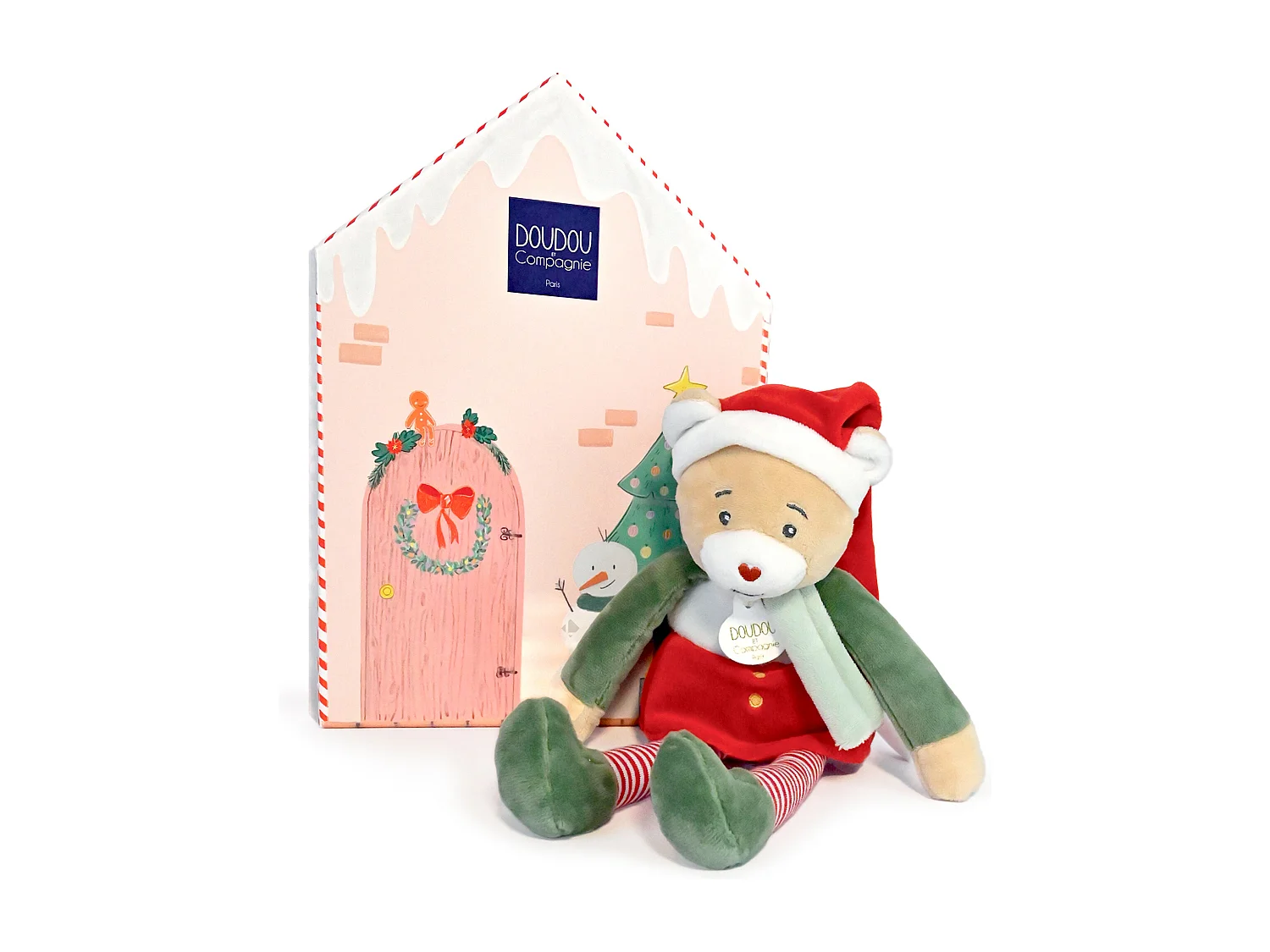 Doudou ours 27 cm collection DOUDOU FARCEUR Cannelle rouge et vert