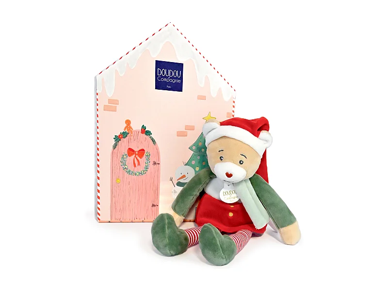 Doudou ours 27 cm collection DOUDOU FARCEUR Cannelle rouge et vert