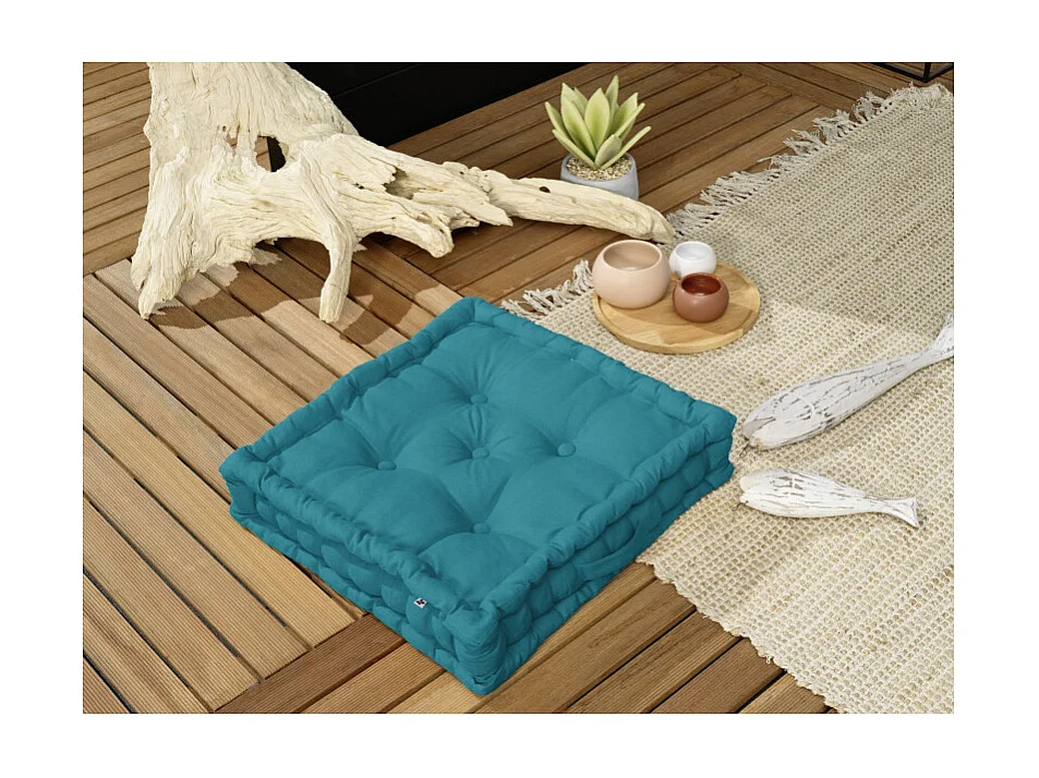 Coussin de sol 50 x 50 cm matelassé en coton bleu - DOLORES