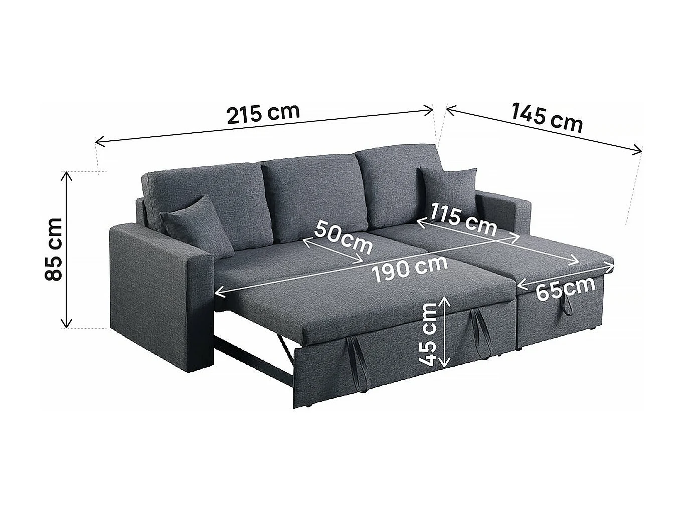 Sofá esquinero convertible/reversible con cómoda "Alain II" - 3 plazas - Gris oscuro