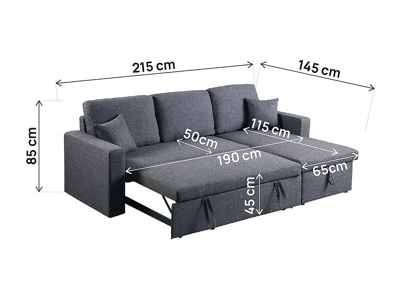 Sofá de canto conversível/reversível com baú "Alain II" - 3 lugares - Cinza escuro