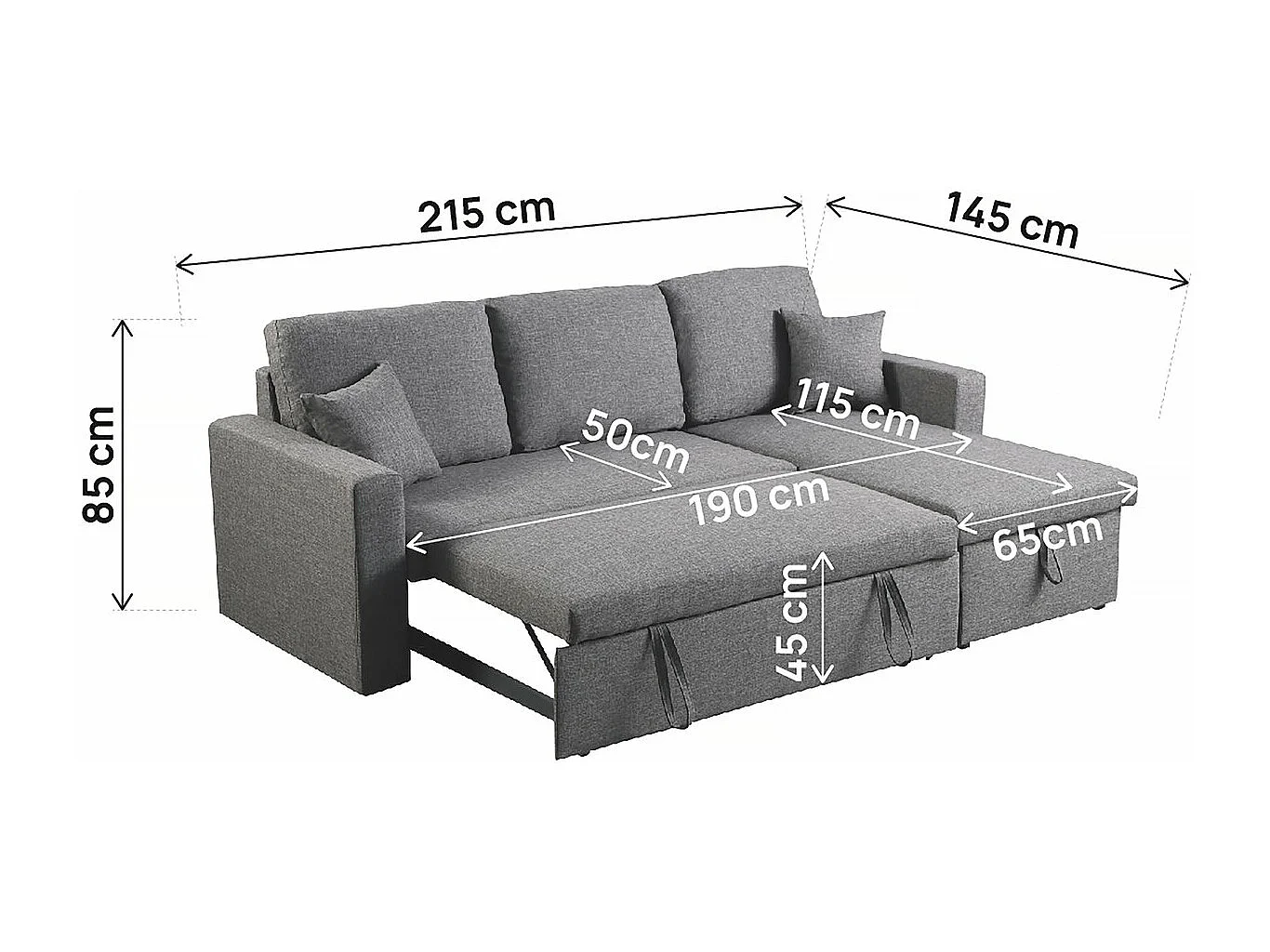 Canapé d'angle convertible/ réversible avec coffre "Alain II" - 3 places - Gris clair