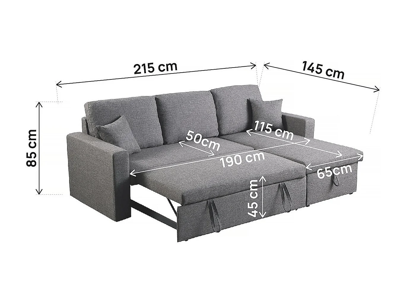 Hoekbank met opbergruimte slaapbank meubel links of rechts bank "Alain II" - 3 zits - Grijs lichtgrijs
