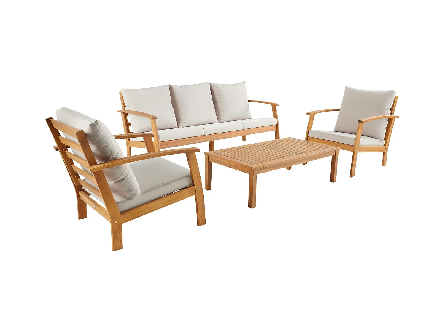 Salon de jardin USHUAIA 5 places écru en bois d'acacia. un canapé. une table. deux fauteuils