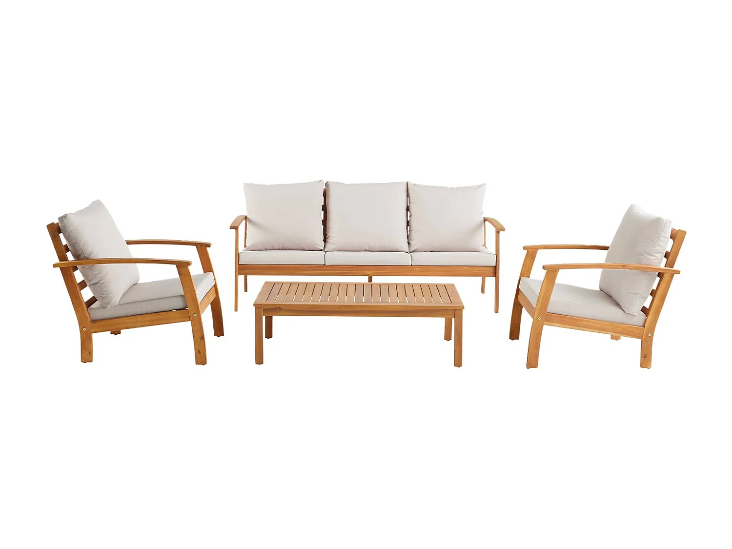 Salon de jardin USHUAIA 5 places écru en bois d'acacia. un canapé. une table. deux fauteuils