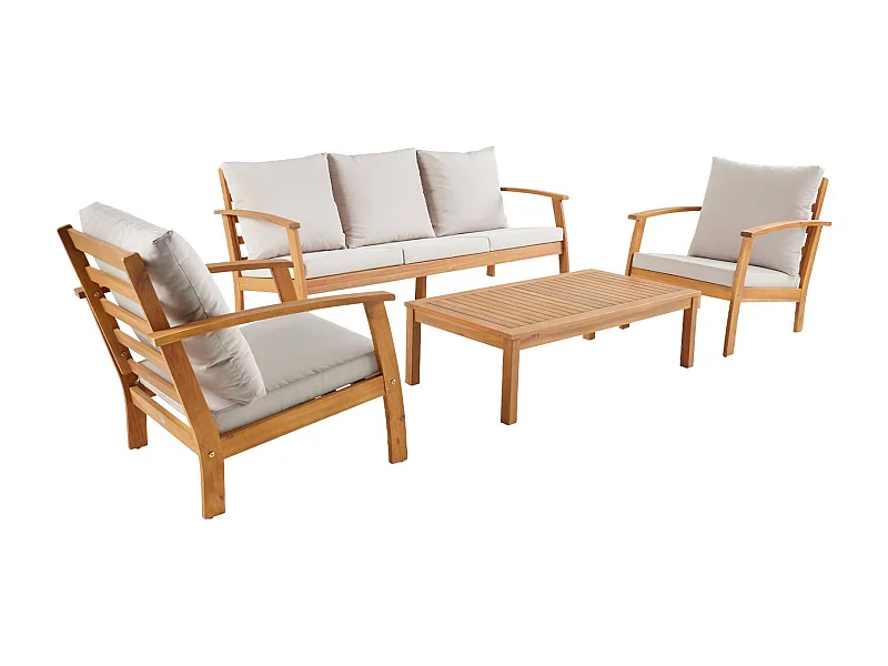 Salon de jardin USHUAIA 5 places écru en bois d'acacia. un canapé. une table. deux fauteuils