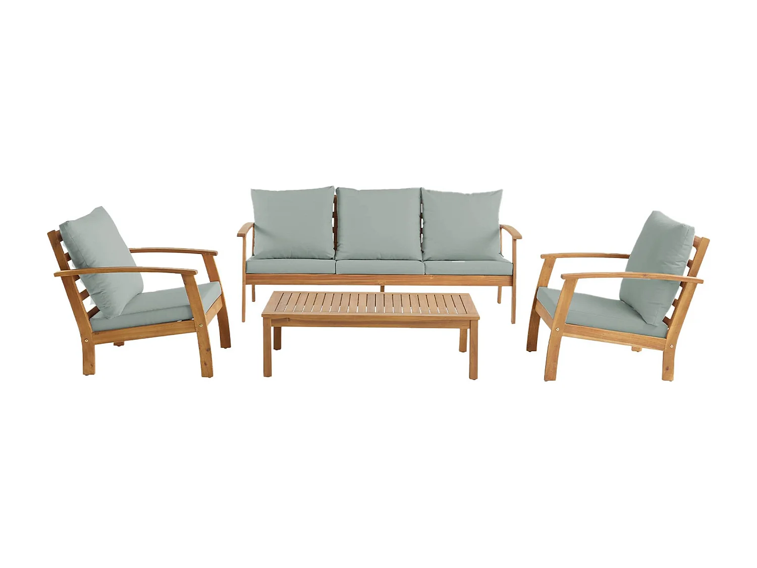 Salon de jardin USHUAIA 5 places vert de gris en bois d'acacia. un canapé. une table. deux fauteuils