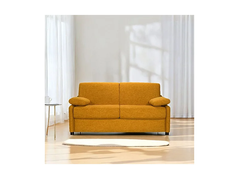 LINAS Canapé convertible 3 places jaune matelas Dunlopillo 140cm