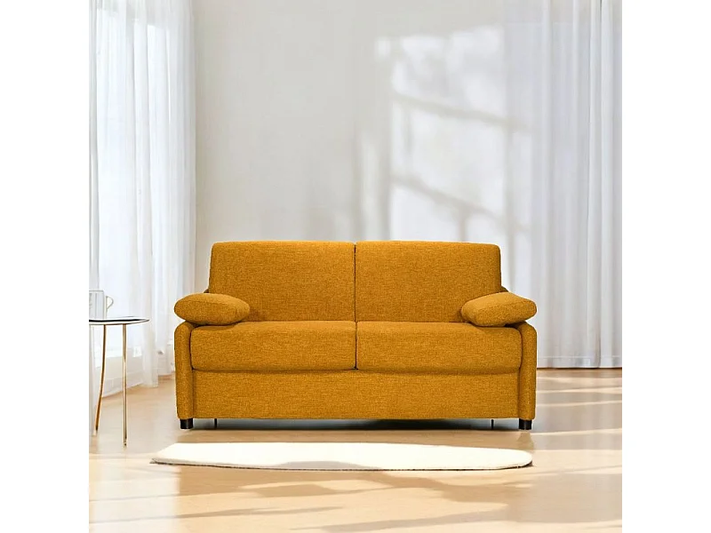 LINAS Canapé convertible 3 places jaune matelas Dunlopillo 140cm