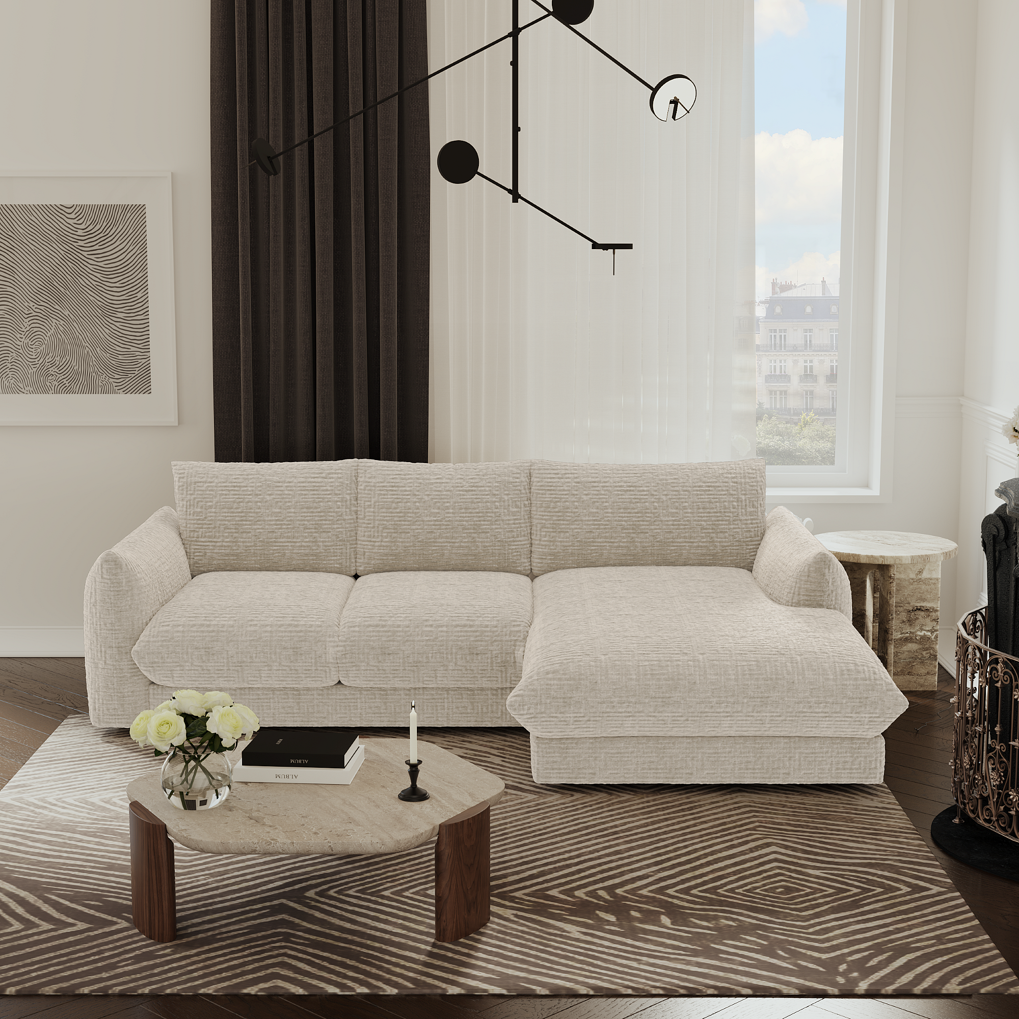 Canapé d'angle droit velours texturé crème 240cm