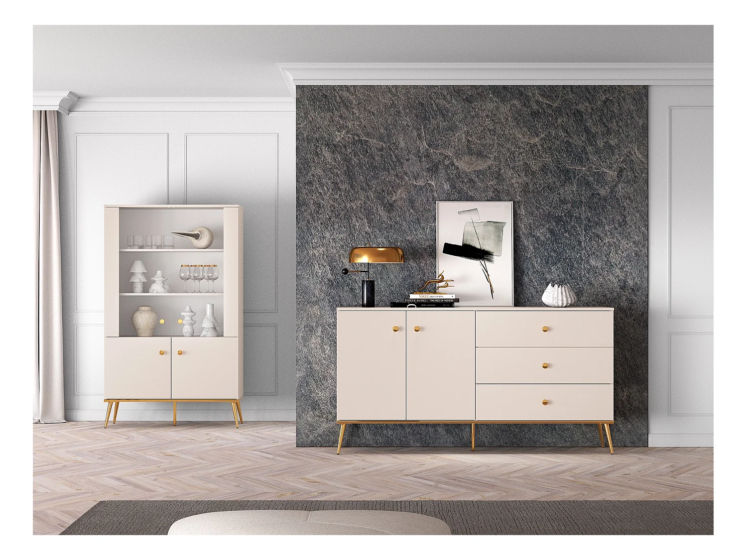 Buffet - 160 cm - 2 portes avec trois tiroirs - grège avec pieds dorés - SELGIN