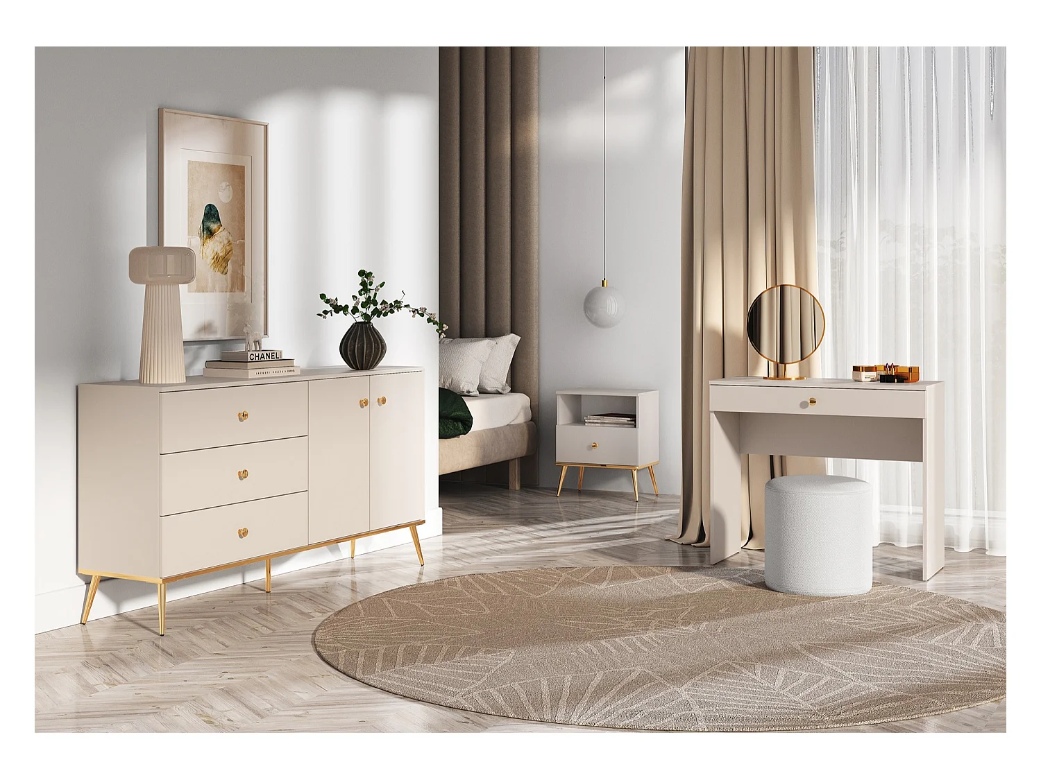 Buffet - 160 cm - 2 portes avec trois tiroirs - grège avec pieds dorés - SELGIN