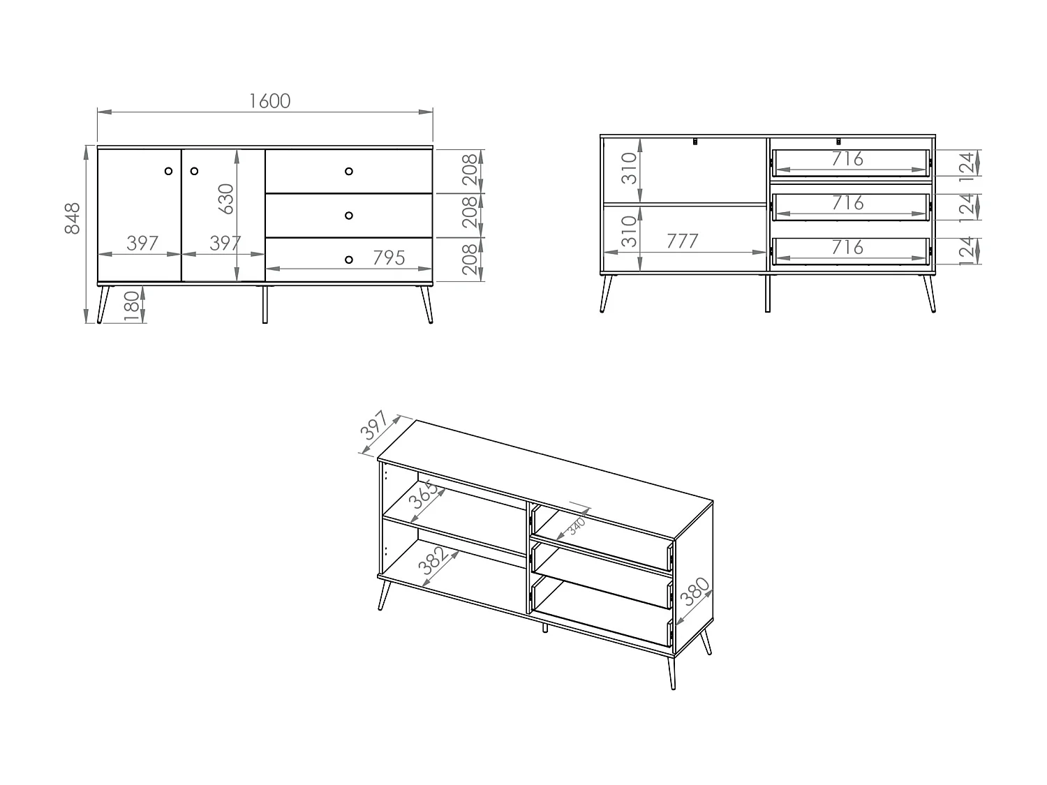 Buffet - 160 cm - 2 portes avec trois tiroirs - grège avec pieds dorés - SELGIN