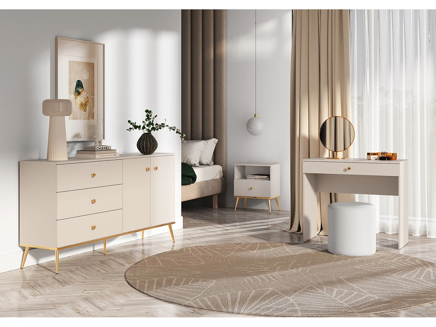 Buffet - 160 cm - 2 portes avec trois tiroirs - grège avec pieds dorés - SELGIN