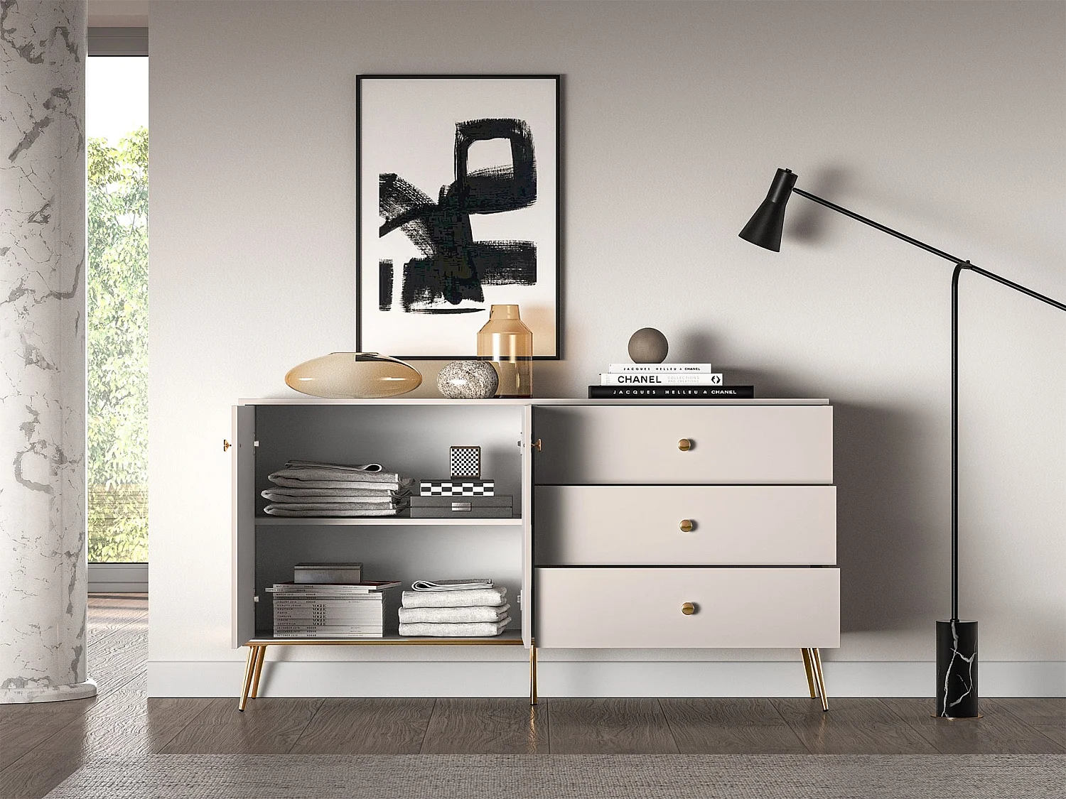 Buffet - 160 cm - 2 portes avec trois tiroirs - grège avec pieds dorés - SELGIN