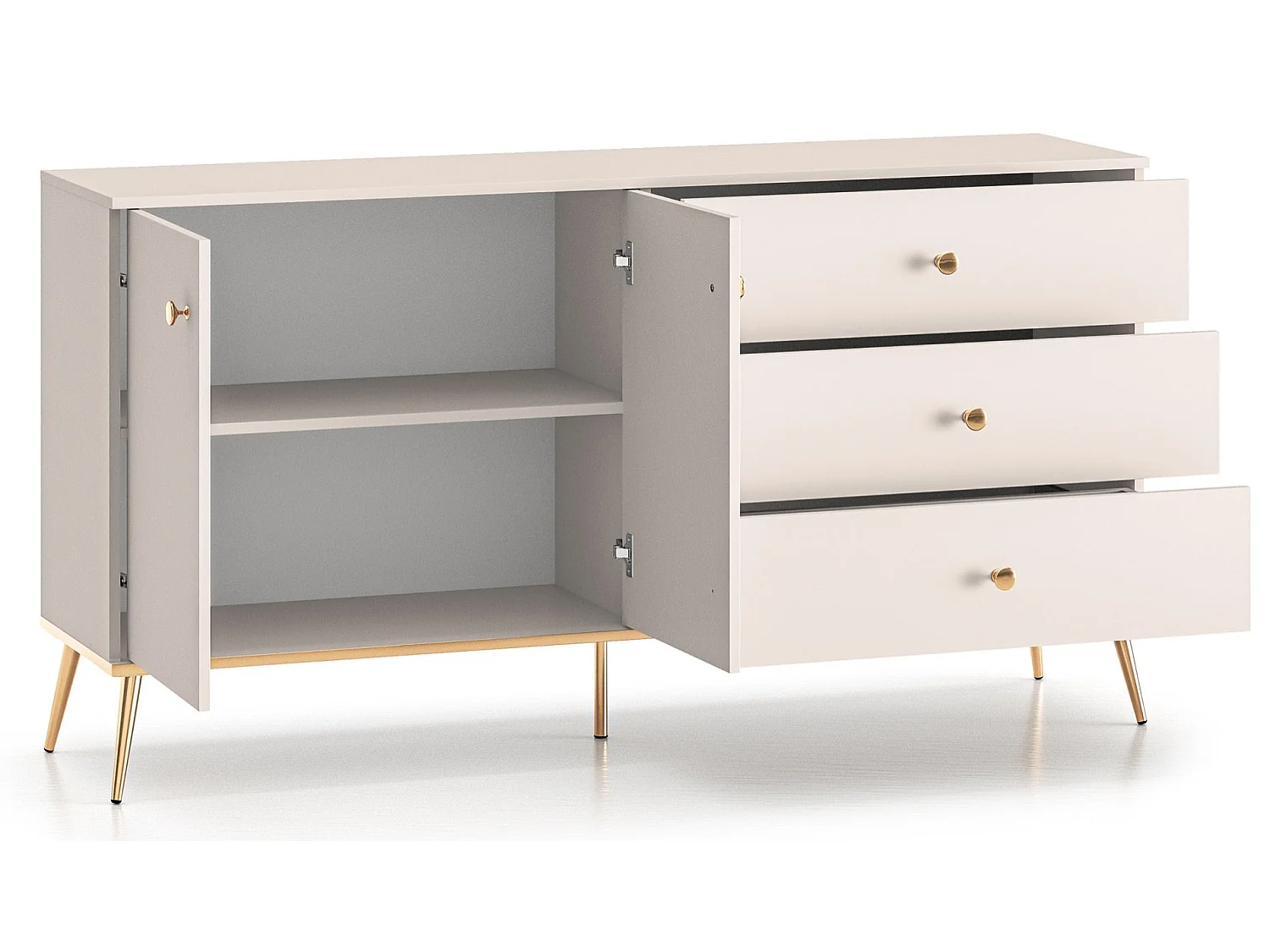 Buffet - 160 cm - 2 portes avec trois tiroirs - grège avec pieds dorés - SELGIN