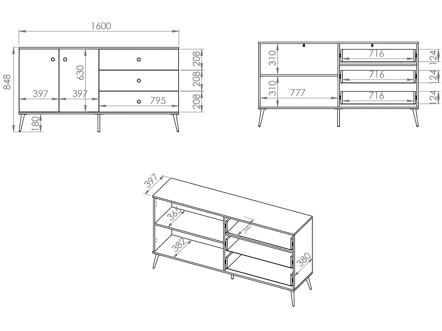 Buffet - 160 cm - 2 portes avec trois tiroirs - grège avec pieds dorés - SELGIN