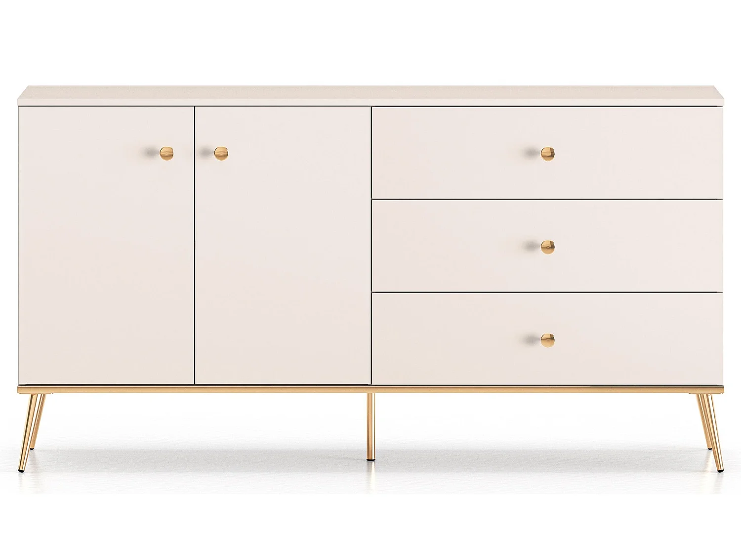 Buffet - 160 cm - 2 portes avec trois tiroirs - grège avec pieds dorés - SELGIN