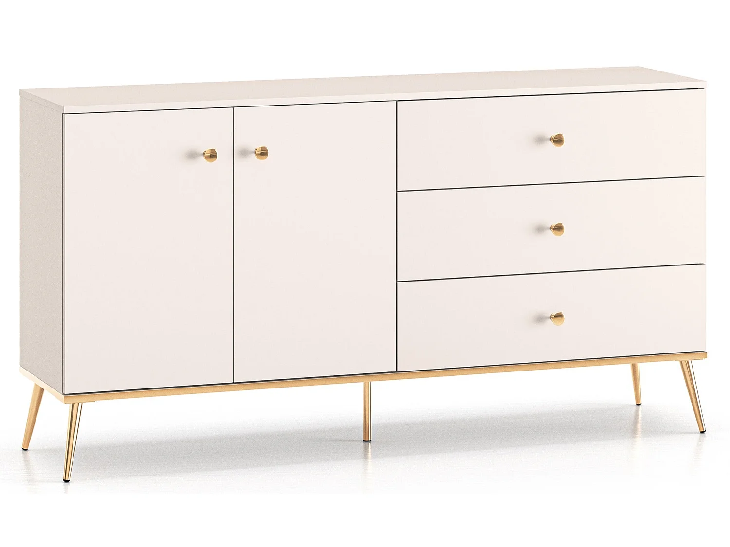 Buffet - 160 cm - 2 portes avec trois tiroirs - grège avec pieds dorés - SELGIN