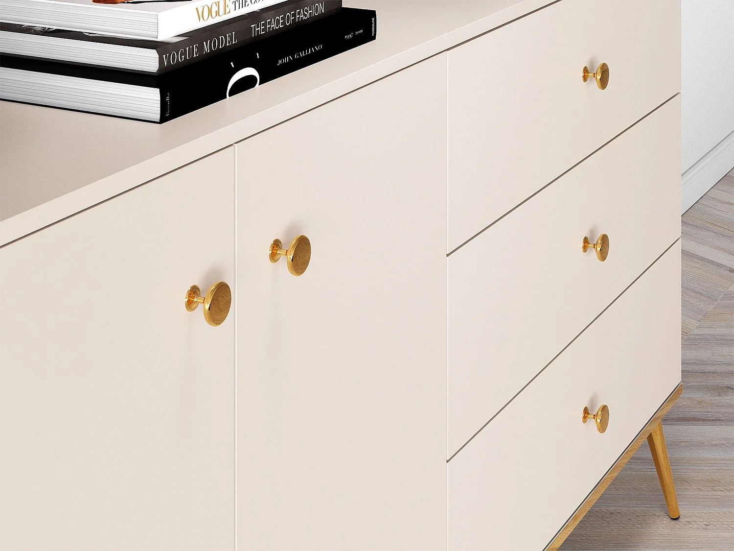 Buffet - 160 cm - 2 portes avec trois tiroirs - grège avec pieds dorés - SELGIN
