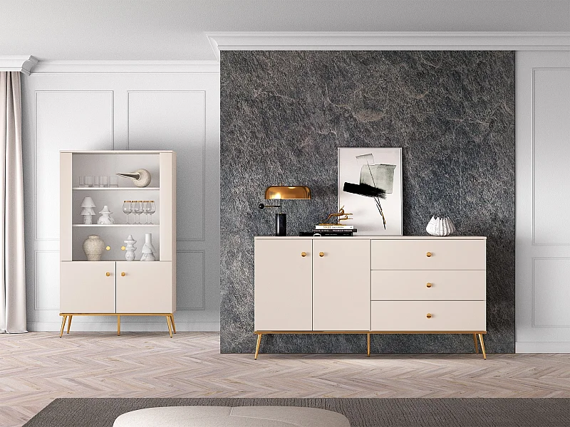 Dressoir - 160 cm - 2 deuren met drie laden - greige met gouden poten - SELGIN