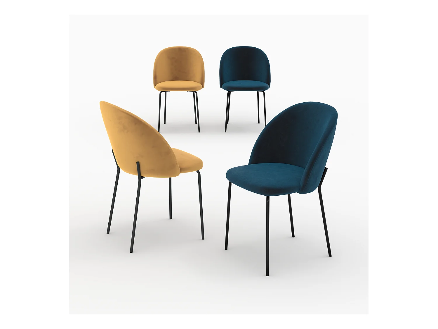 Pack 4 chaises en velours jaune moutarde et bleu foncé - Karl