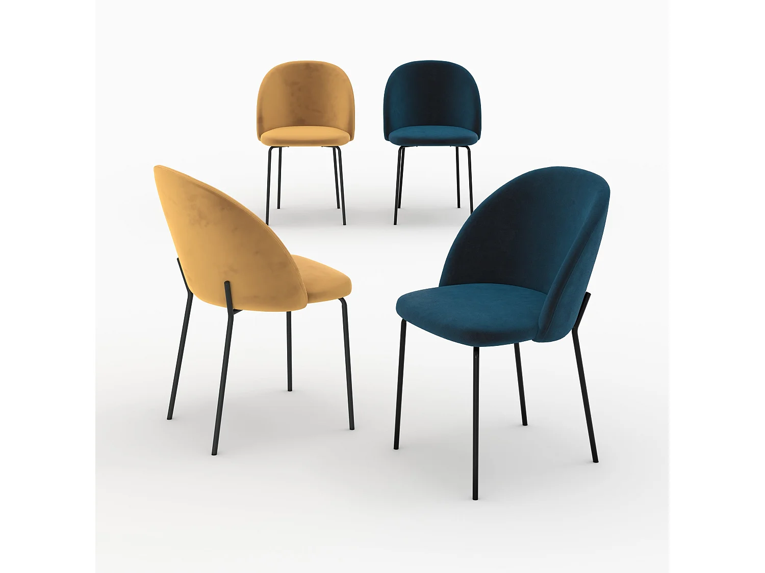 Pack 4 chaises en velours jaune moutarde et bleu foncé - Karl