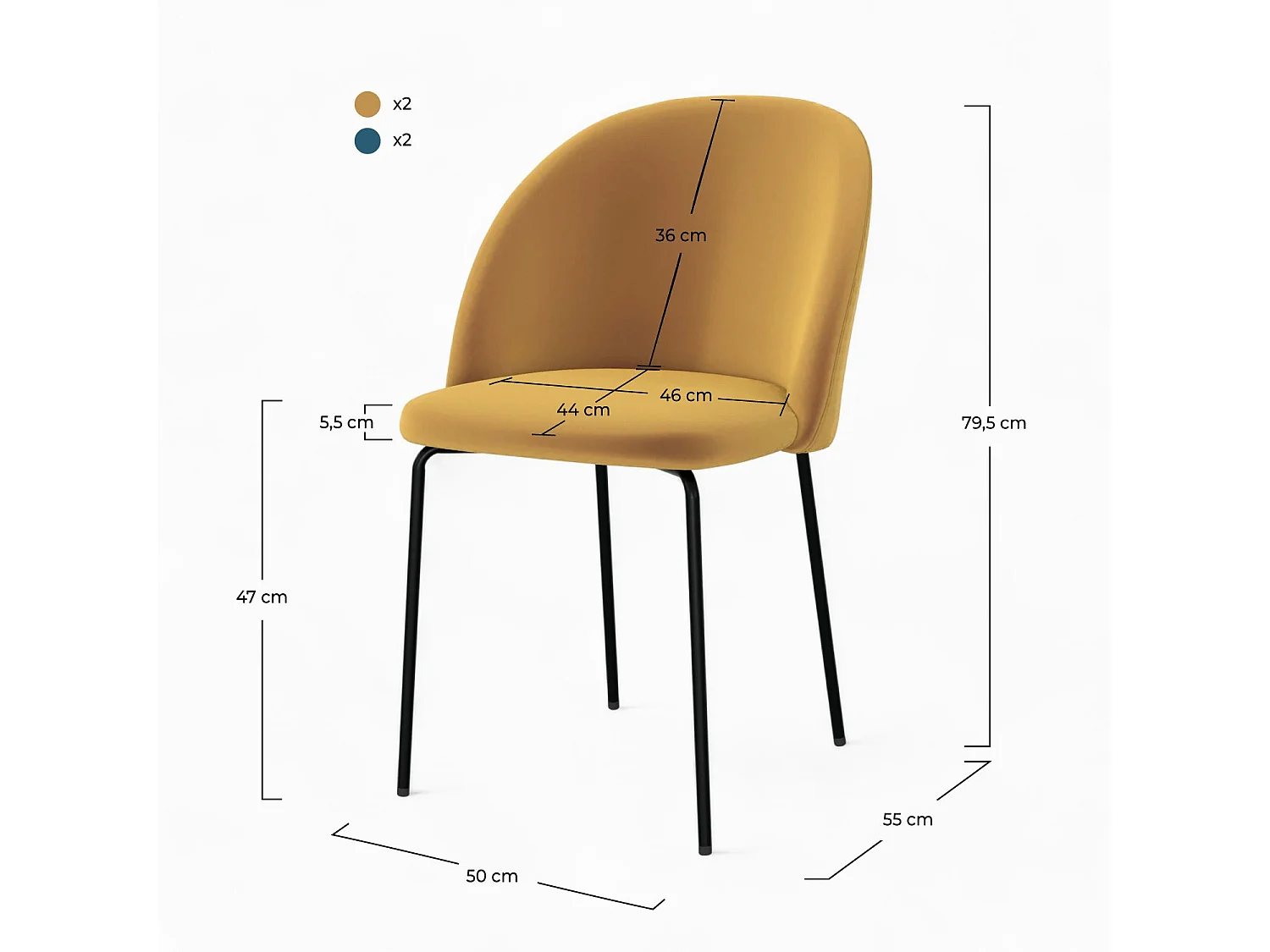 Pack de 4 sillas en terciopelo amarillo mostaza y azul oscuro - Karl