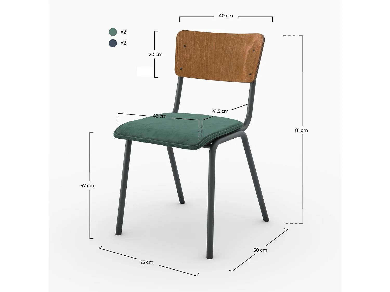 Pack 4 chaises en velours bleu et vert - Nico