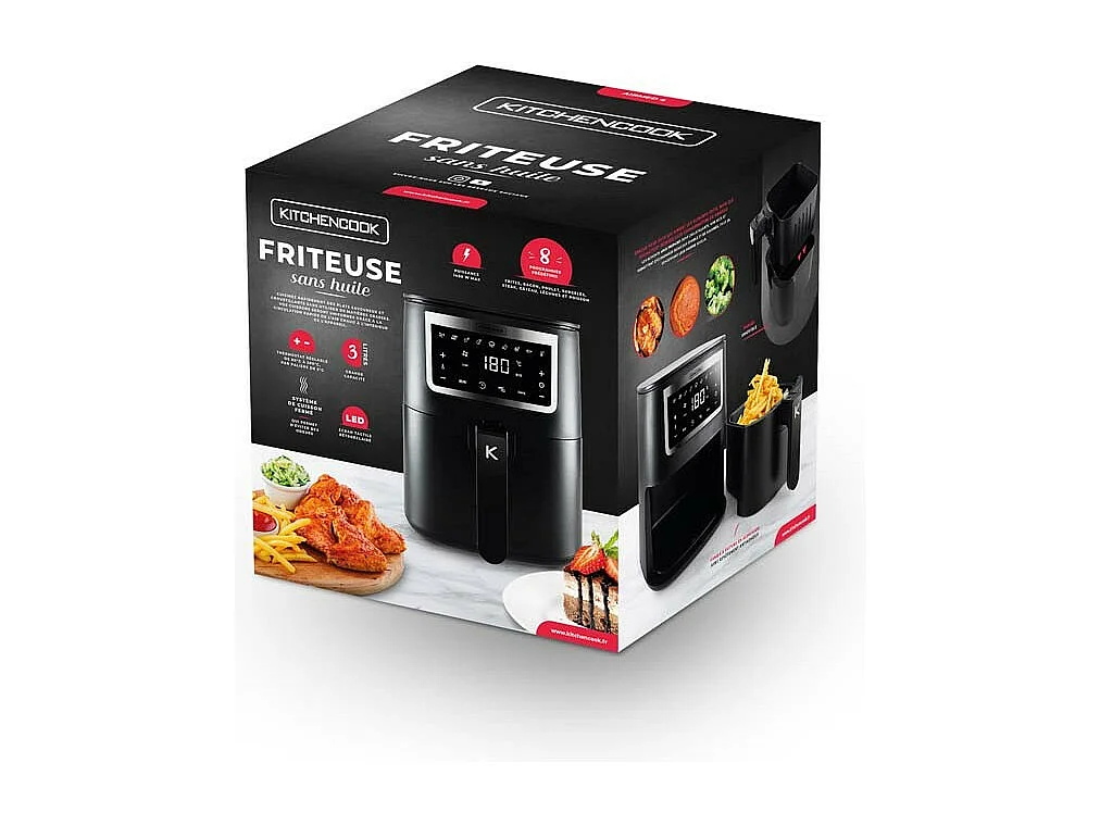 Kitchencook - Friteuse Sans Huile 4l - 8 Programmes - Minuterie Numérique - Thermostat Réglable - 1400w - Noir