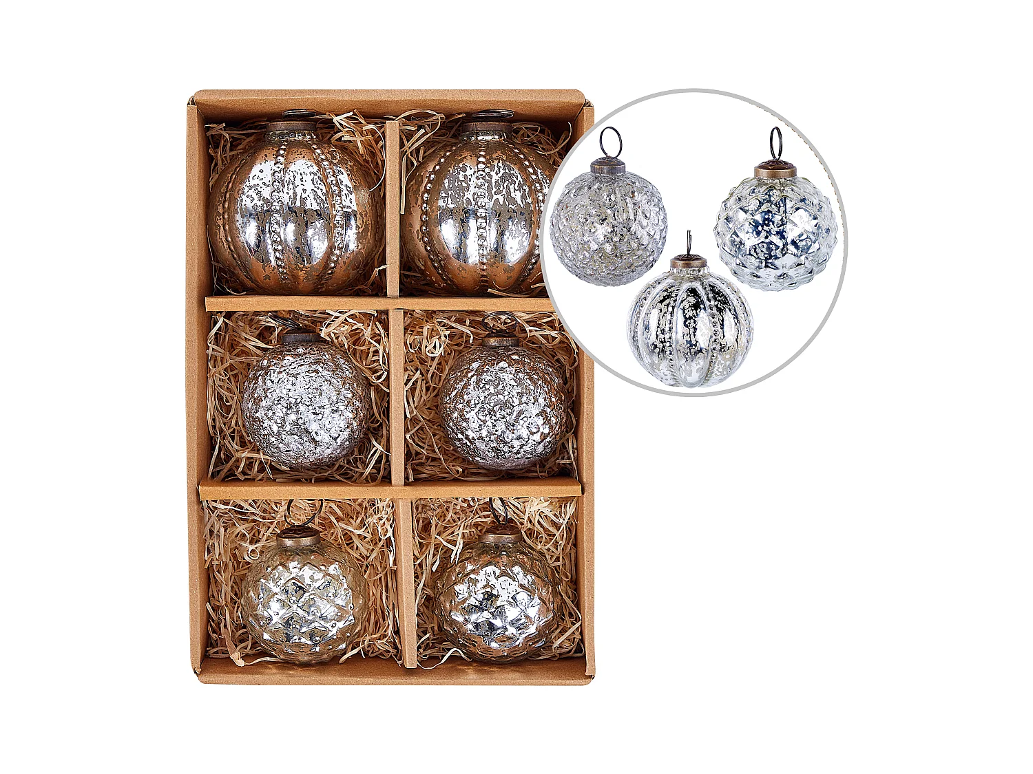 Weihnachtskugel 6er Set Glas silber Antik-Optik ARGENTIN