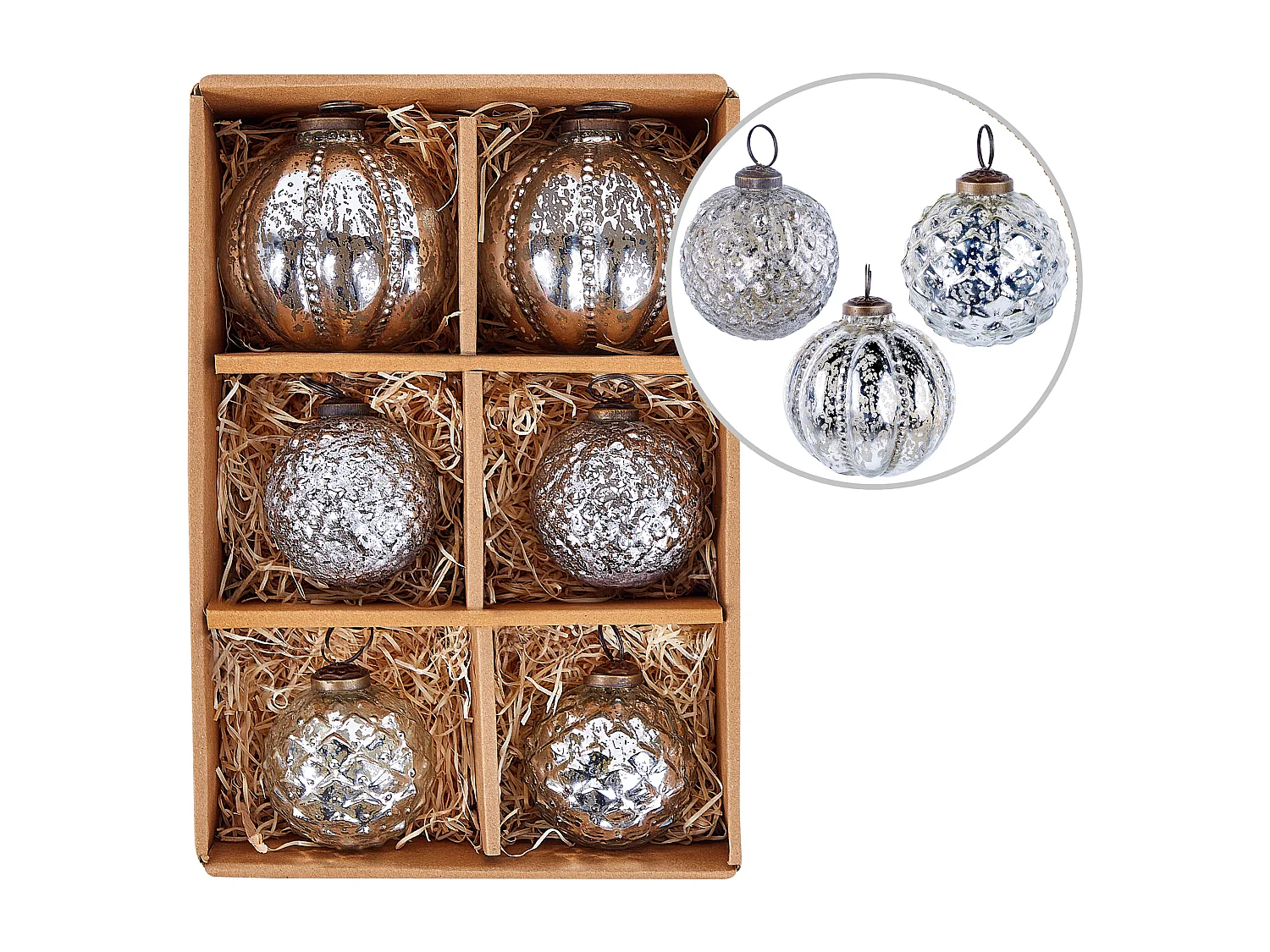 Weihnachtskugel 6er Set Glas silber Antik-Optik ARGENTIN