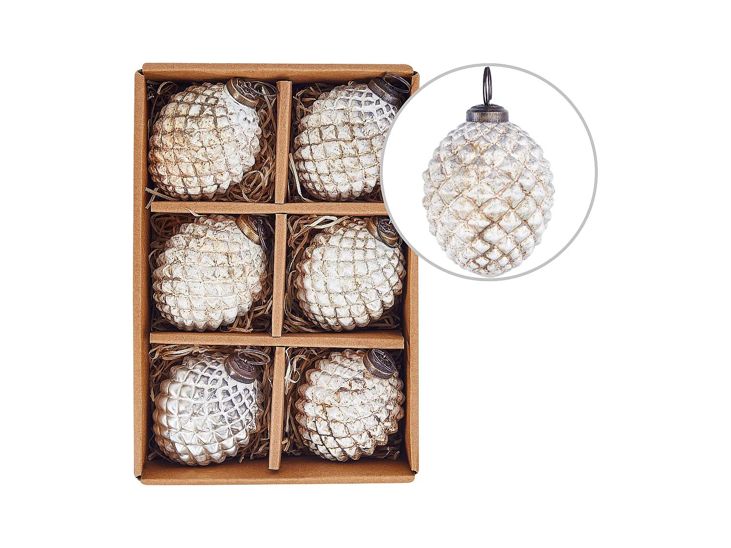 Weihnachtskugel 6er Set Glas cremeweiss Antik-Optik Zapfenform LAITON