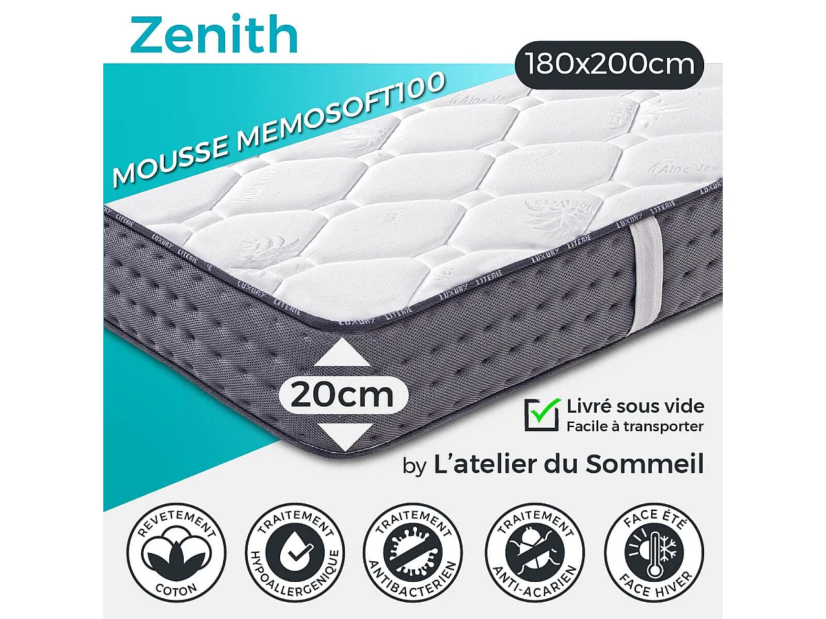 ZENITH - Matelas 180x200 cm Mousse haute résilience Soutien ferme Ep.20cm
