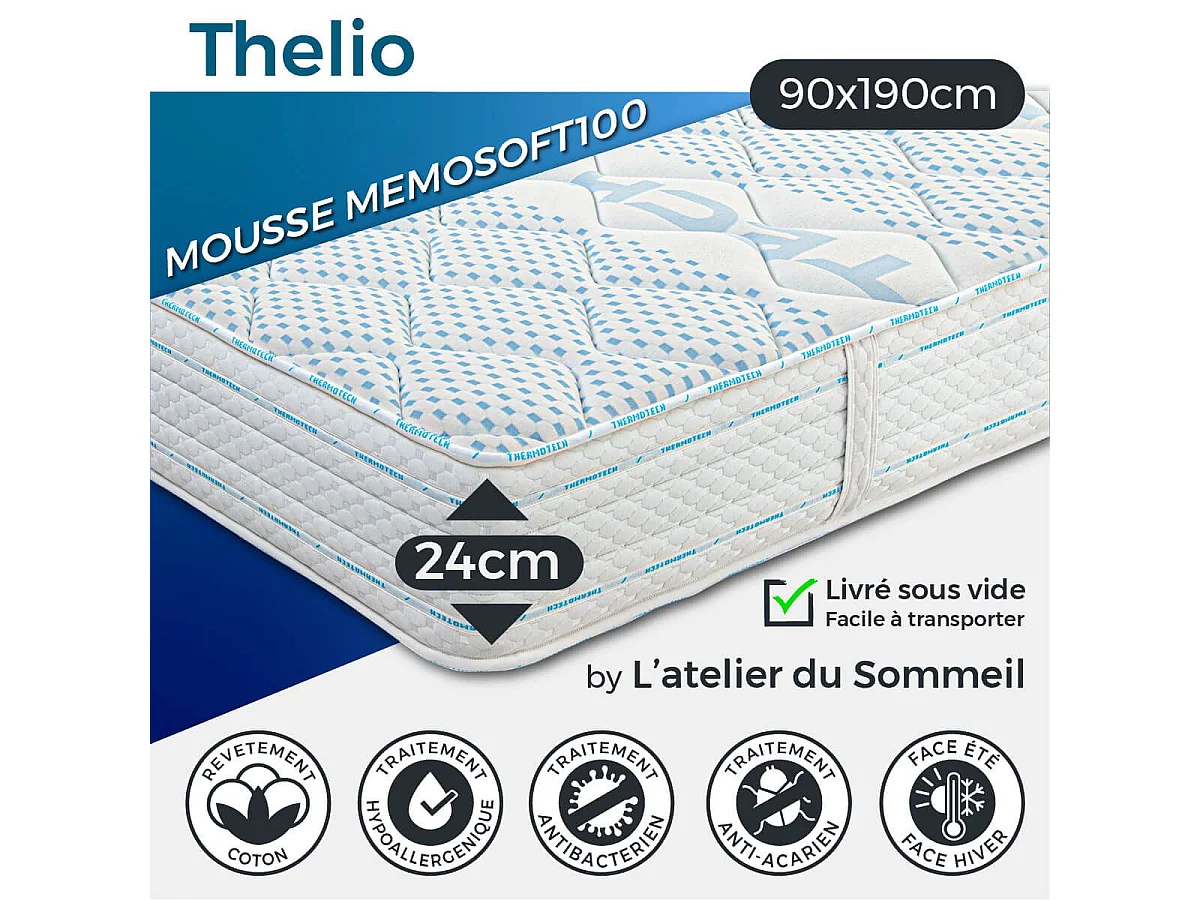 THELIO - Matelas 90x190 cm Mousse haute résilience Soutien ferme Ep.24cm