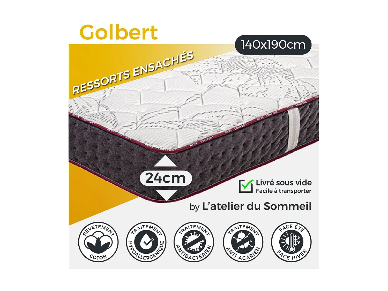 GOLBERT - Matelas 140x190 cm Mousse haute résilience haute adaptabilité Ep.24cm