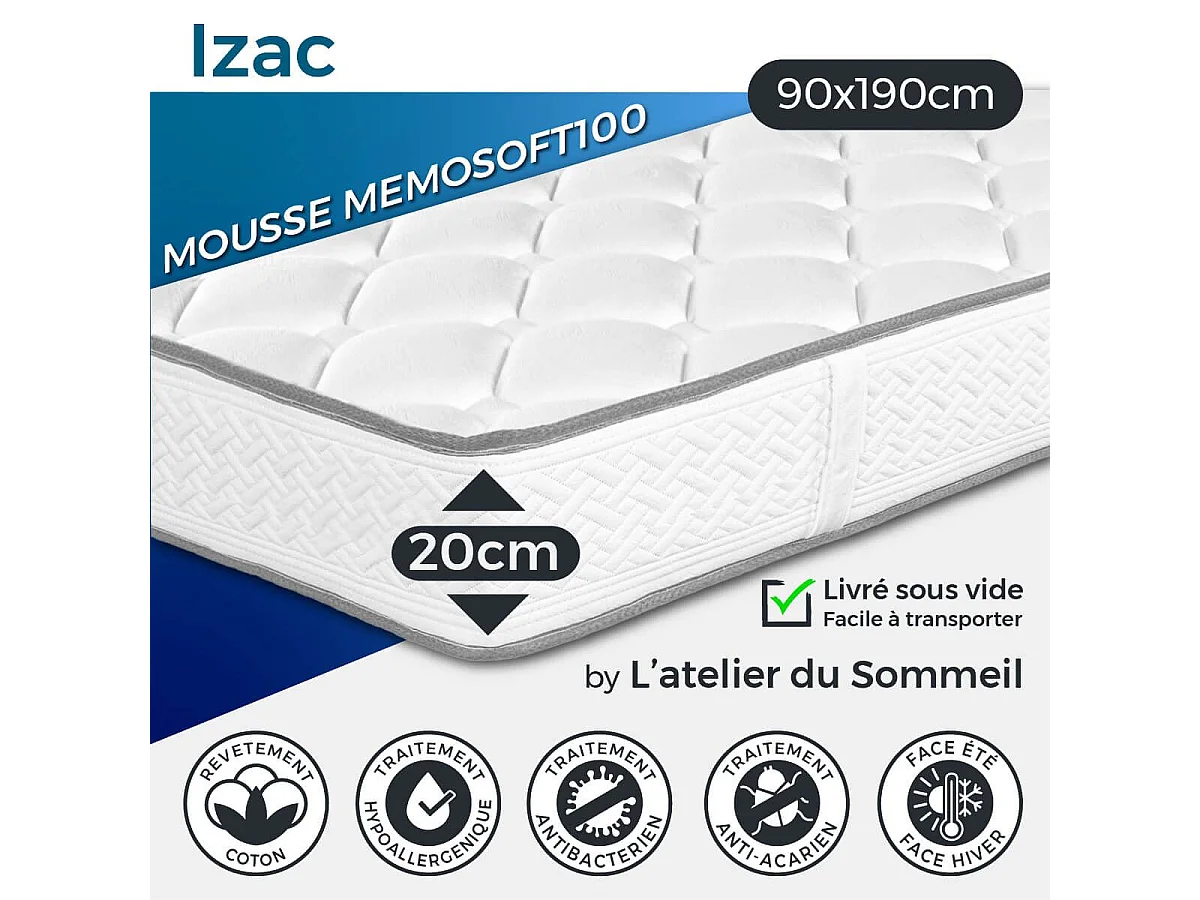 IZAC - Matelas 90x190 cm Mousse haute résilience Soutien ferme Ep.20cm
