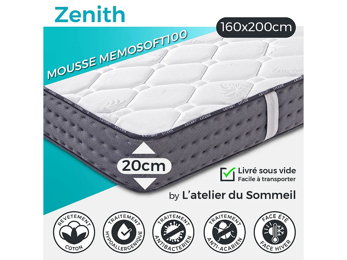 ZENITH - Matelas 160x200 cm Mousse haute résilience Soutien ferme Ep.20cm