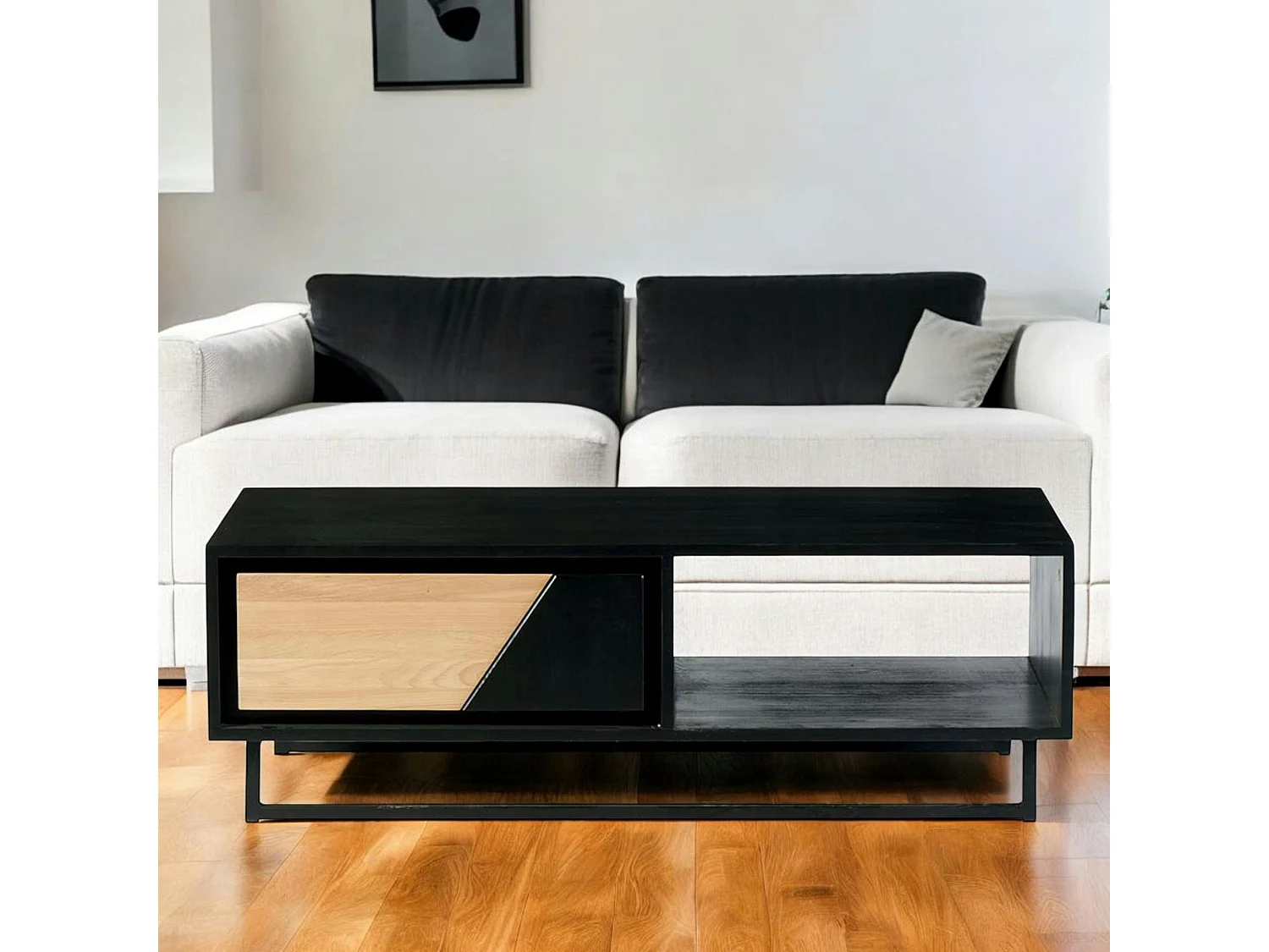 Table basse 1 tiroir 1 niche bois noir et blanc ANINA