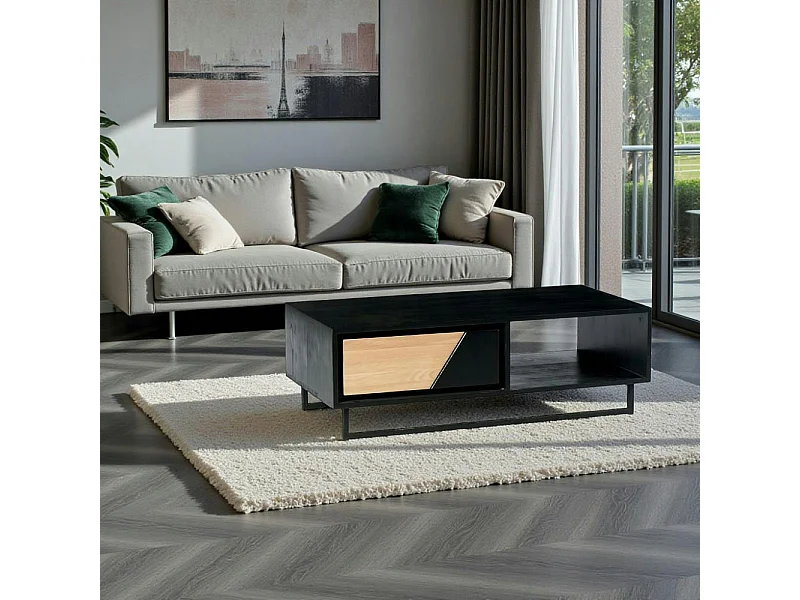 Table basse 1 tiroir 1 niche bois noir et blanc ANINA